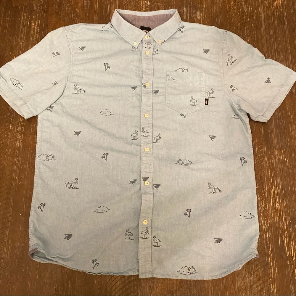 VANS Shirt Adult XL Light Blue Flamingo All Over Print Casual Mens Skater - Picture 3 of 10